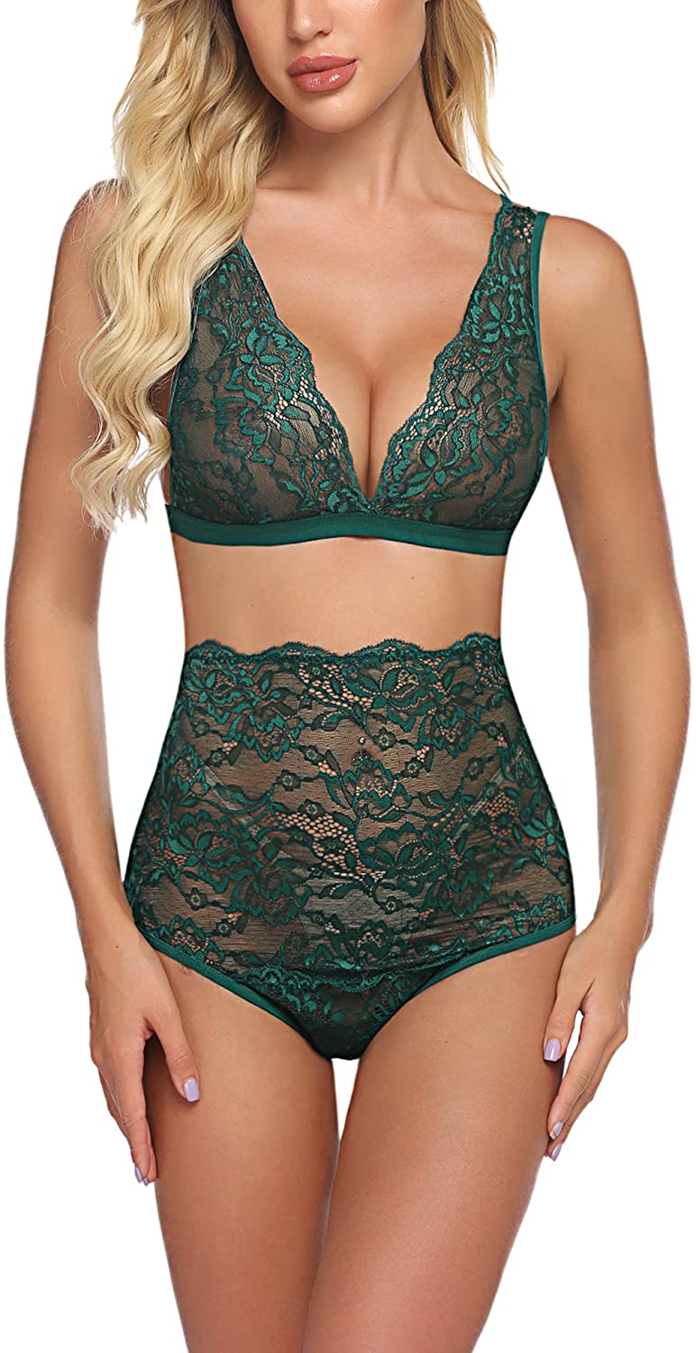 Lingerie Bras Women Bra Panty Hosiery Stockings Hunter Green Polyester Lace  Sexy 3-Piece Lingerie Outfit - Milanoo.com