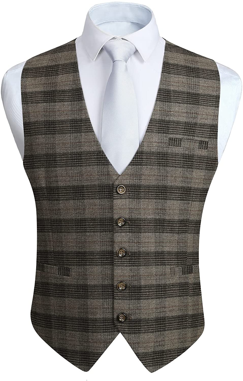 Men's Suit Vest Formal Plaid Dress Waistcoat for Men Business Slim Fit Vests with 3 Pocket Vest for Suits or Tuxedo 