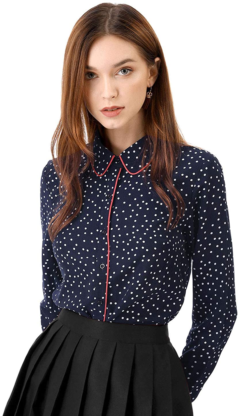 Allegra K Women's Polka Dots 3/4 Sleeve Casual Button Front Shirts Black  Large