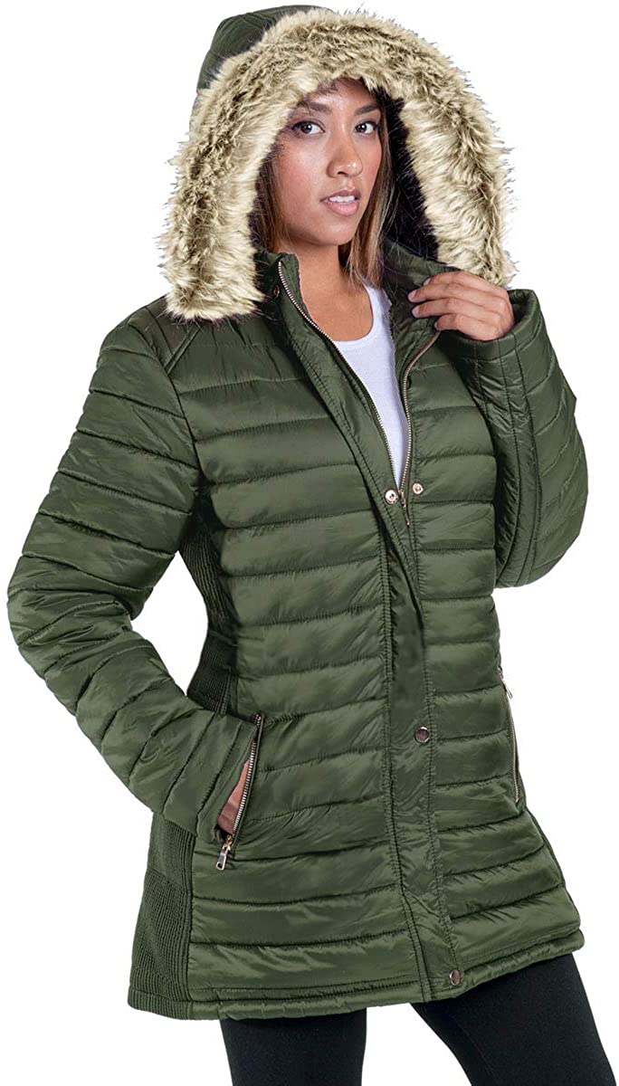 Facitisu Womens Winter Warm Jacket Long Down Faux Fur Hooded Quilted Sherpa  Line
