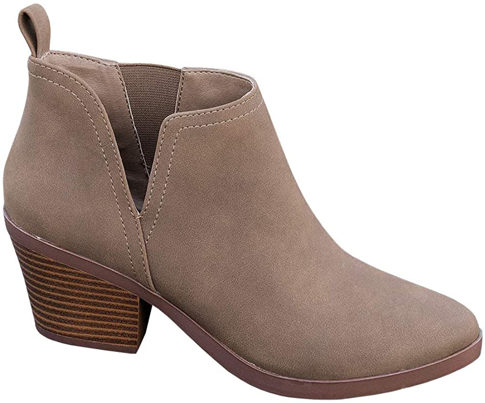 Coutgo Womens Cut Out Ankle Boots Chunky Stacked Heel Almond Toe Slip on Western Booties 