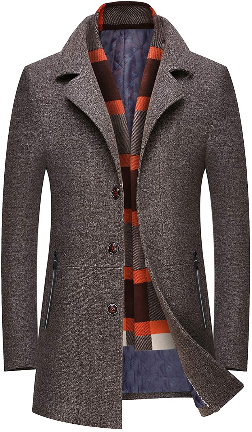 PRIJOUHE Mens Wool Coat Winter Coat Slim Medium Long Coats Overcoat Male