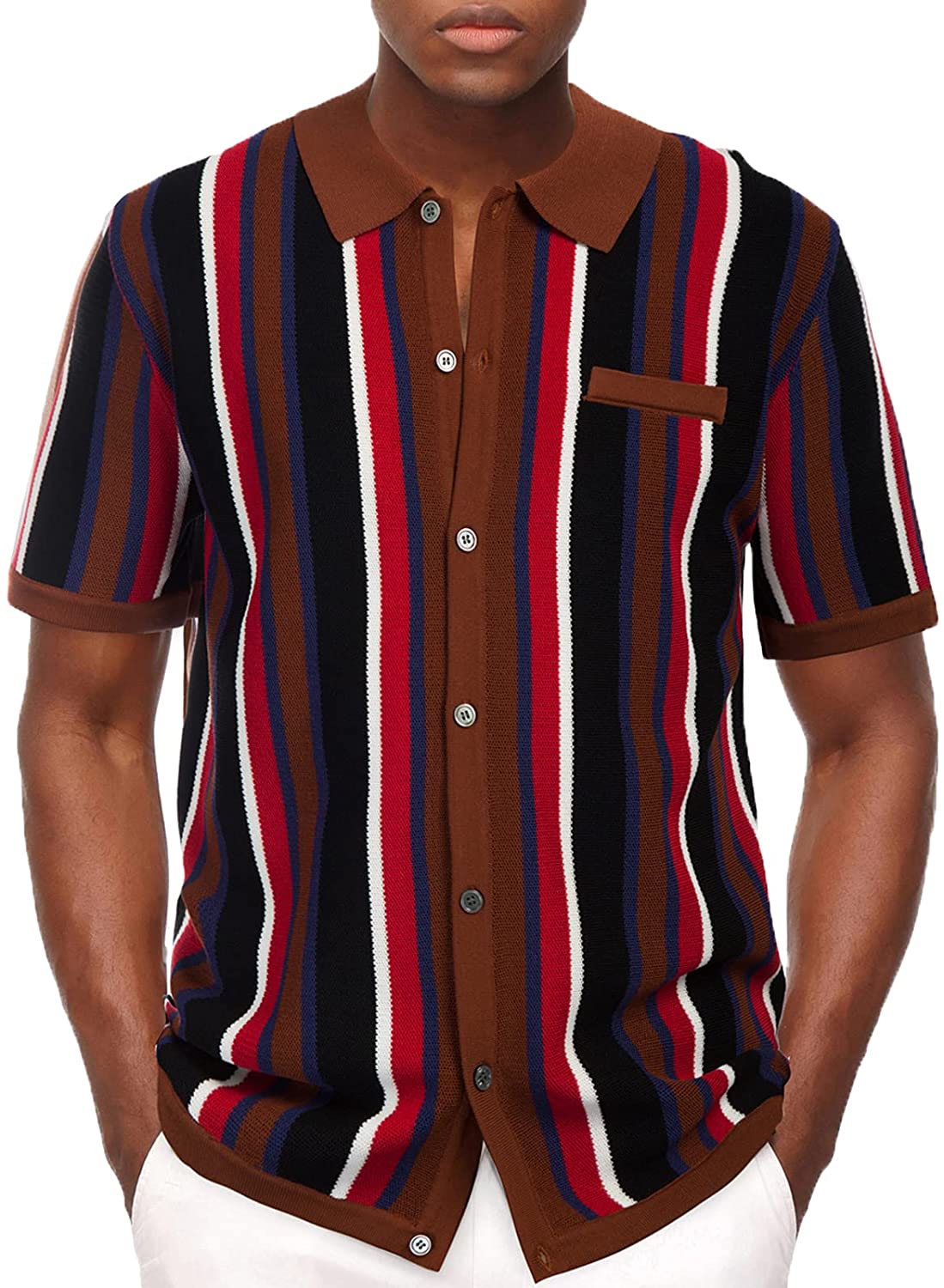 Men’s Short Sleeve Knit Shirt Vintage Stripe Lapel Collar Polo Shirt | eBay