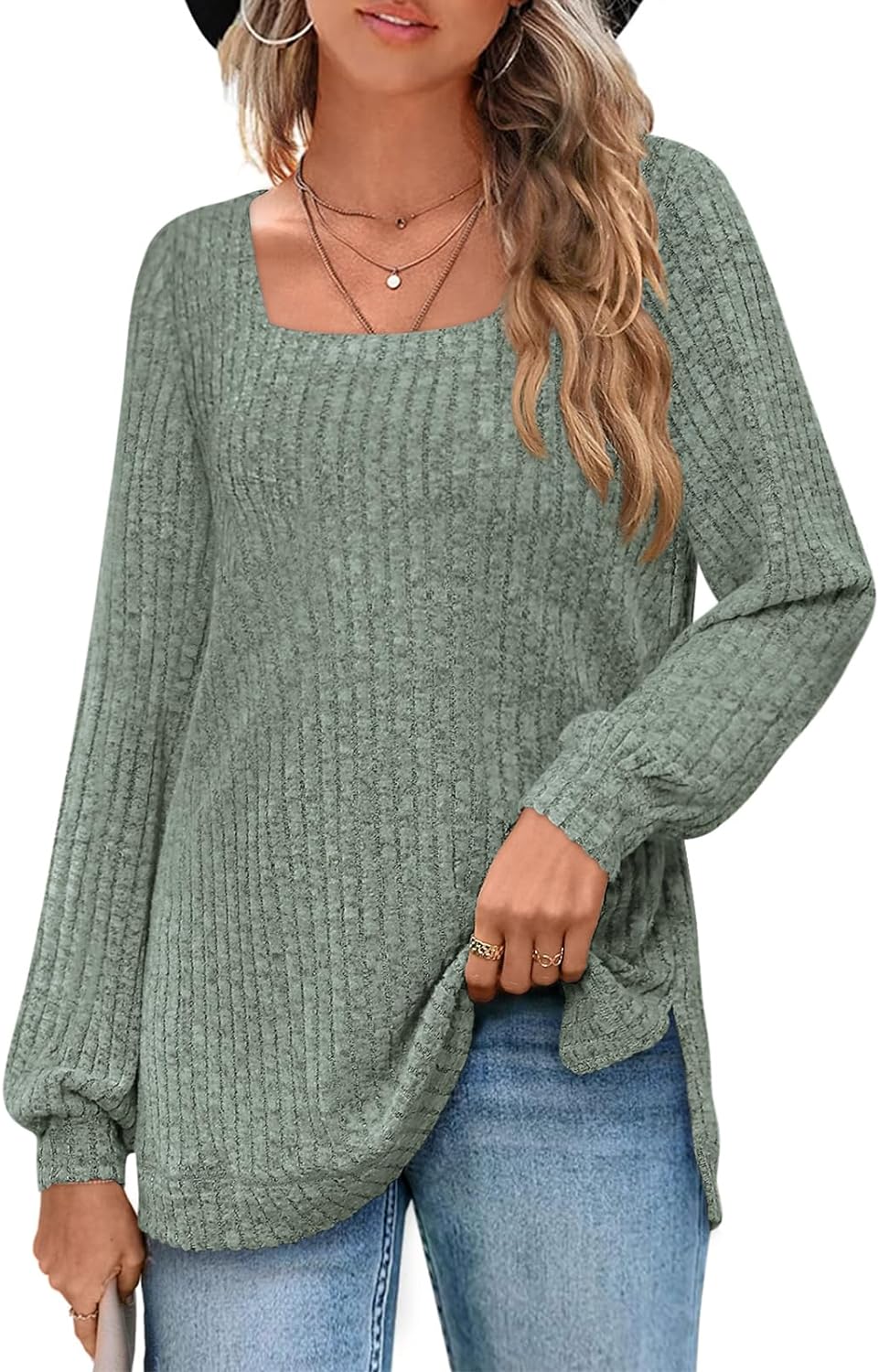 BZB Long Sleeve Tops for Women Square Neck Fall Tunic Sweaters