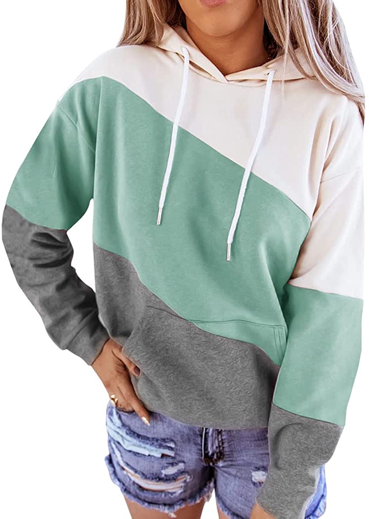 Minclouse Women's Long sleeves Color Block Hoodie Tops Cute Casual  Drawstring Lo