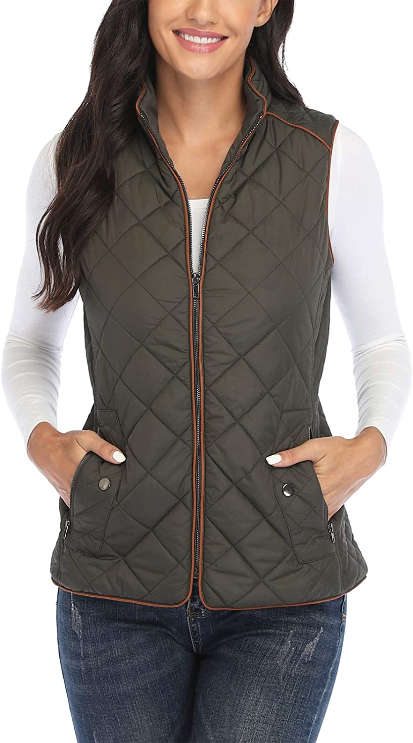 Dilgul Women Padded Vest Stand Collar Zip Up Puffer Lightweight Quilted ...