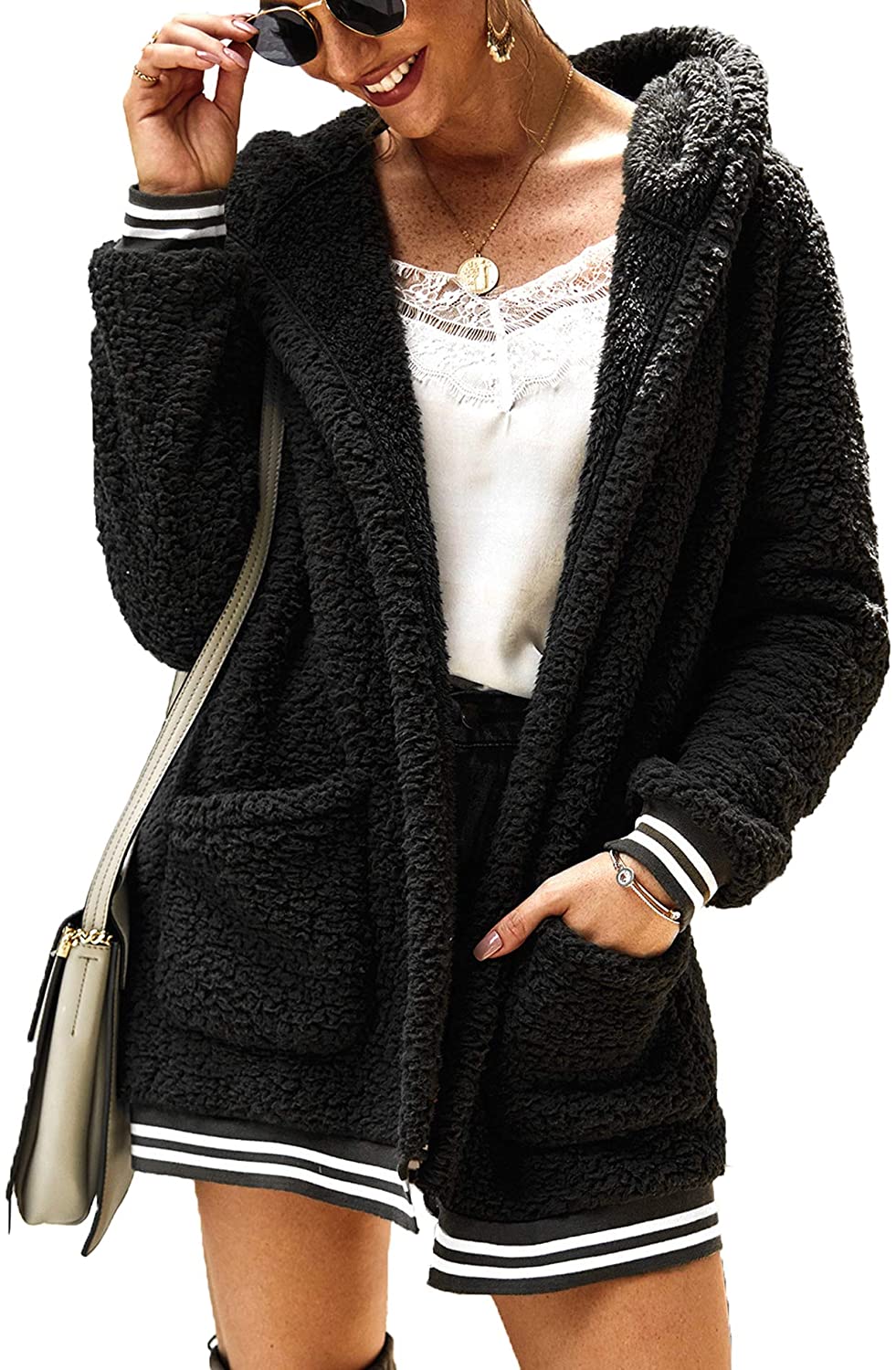 Chigant Womens Fleece Hooded Coat Winter Oversized Teddy Sherpa Jacket Fluffy Casual Cardigan Outwear with Pockets 