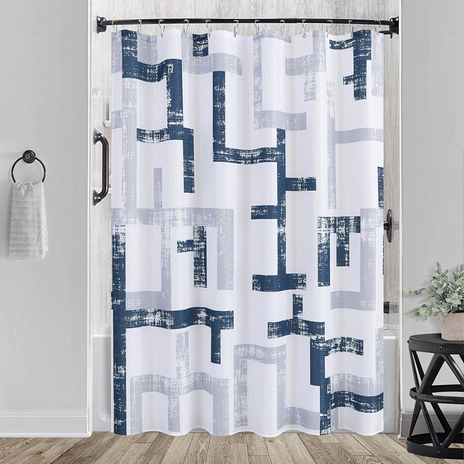 Naturoom Modern Geometric Shower Curtain Blue, Water Repellent, Polyester  Bath Curtain for Bathroom, Textured Fabric Curtain Set with 12 Hooks