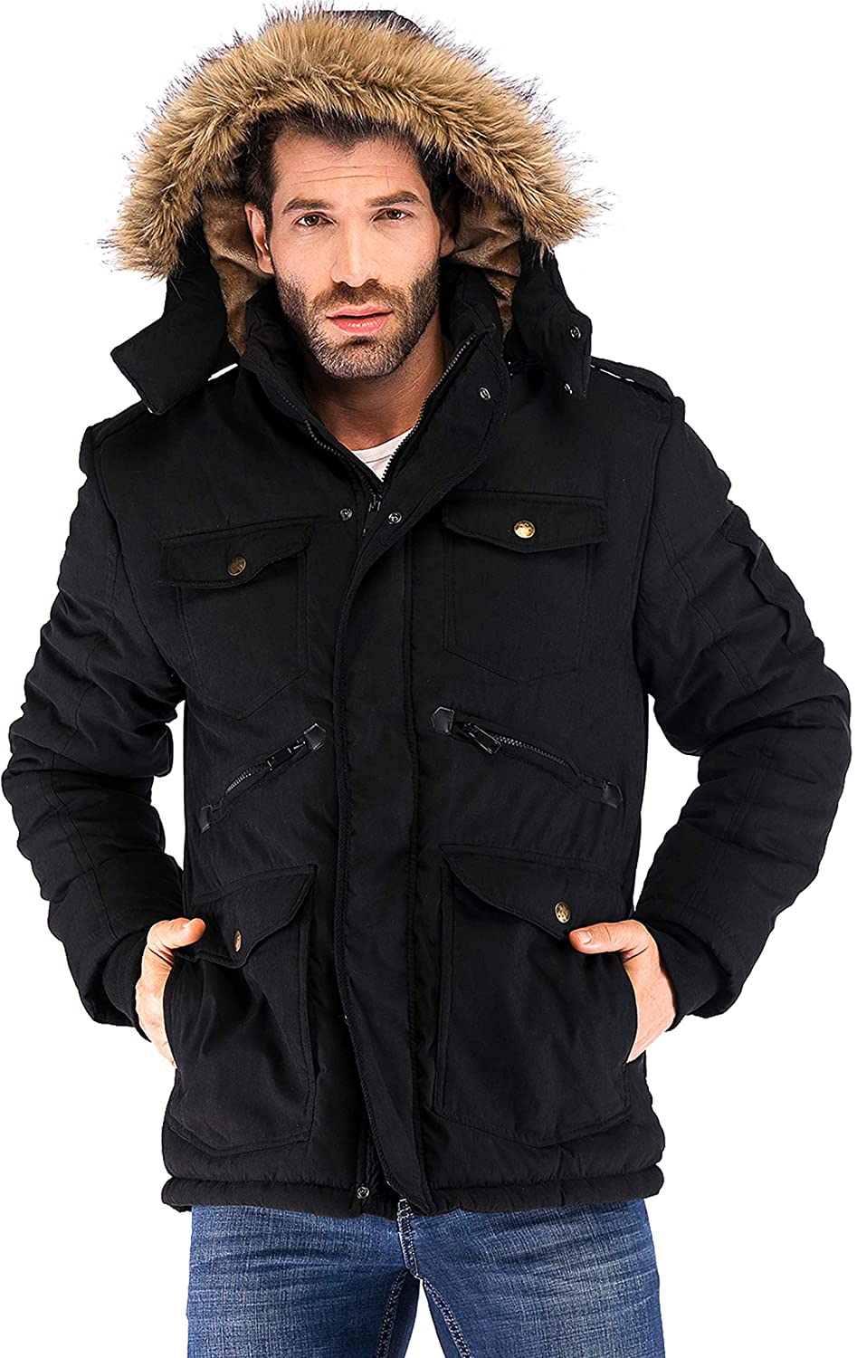 Yozai Mens Winter Military Warm Jacket Fleece Coat with Detachable Fur Hood Outwear