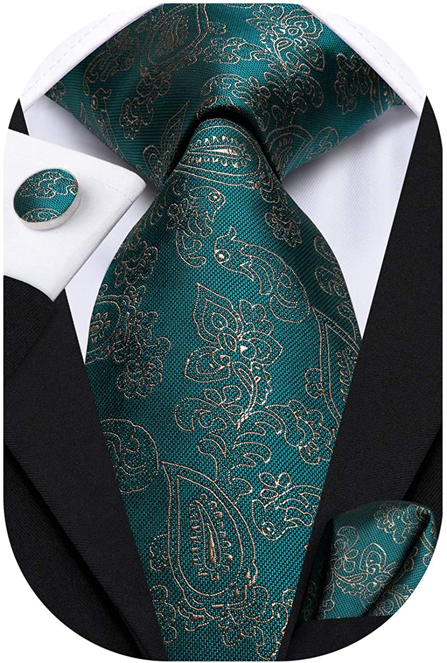 Dark Green Teal Brown Paisley Patterned Handmade 100% Silk Tie Pocket Square Set 