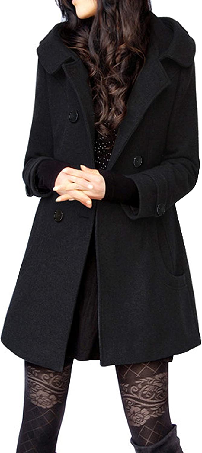 Women's Warm Double Breasted Wool Pea Coat Trench Coat Jacket with Hood 
