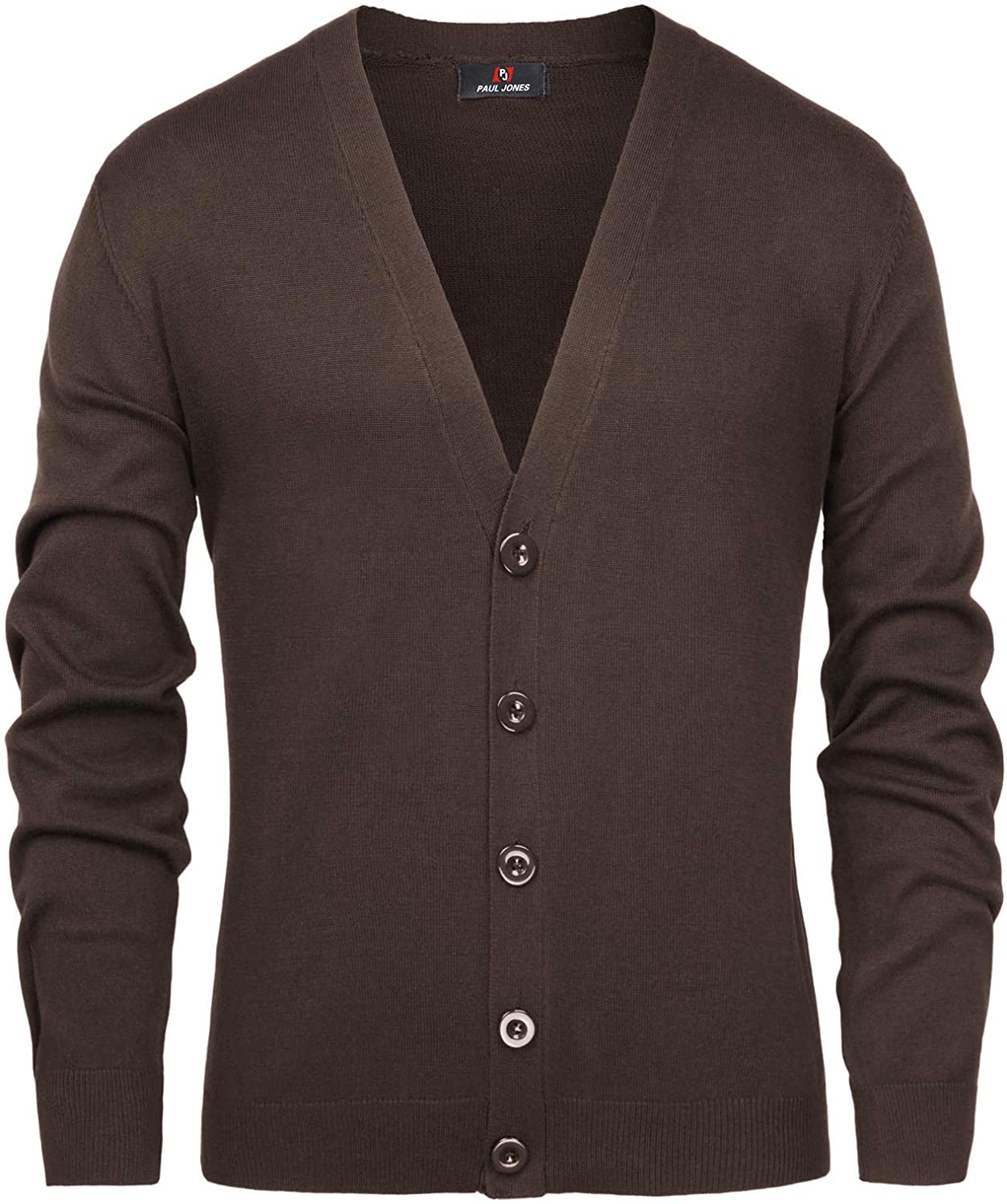 PAUL JONES Mens Stylish V-Neck Button Placket Cardigan Sweater with Ribbing Edge 