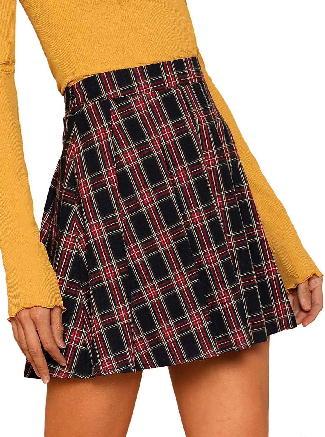 WDIRARA Womens Casual Plaid High Waist Pleated A-Line Mini Skirt 