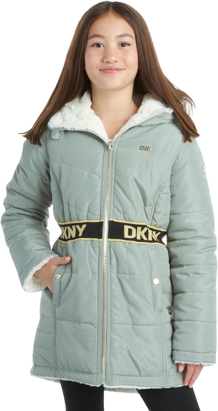 DKNY Girls Silver & Black Logo Reversible Puffer Jacket