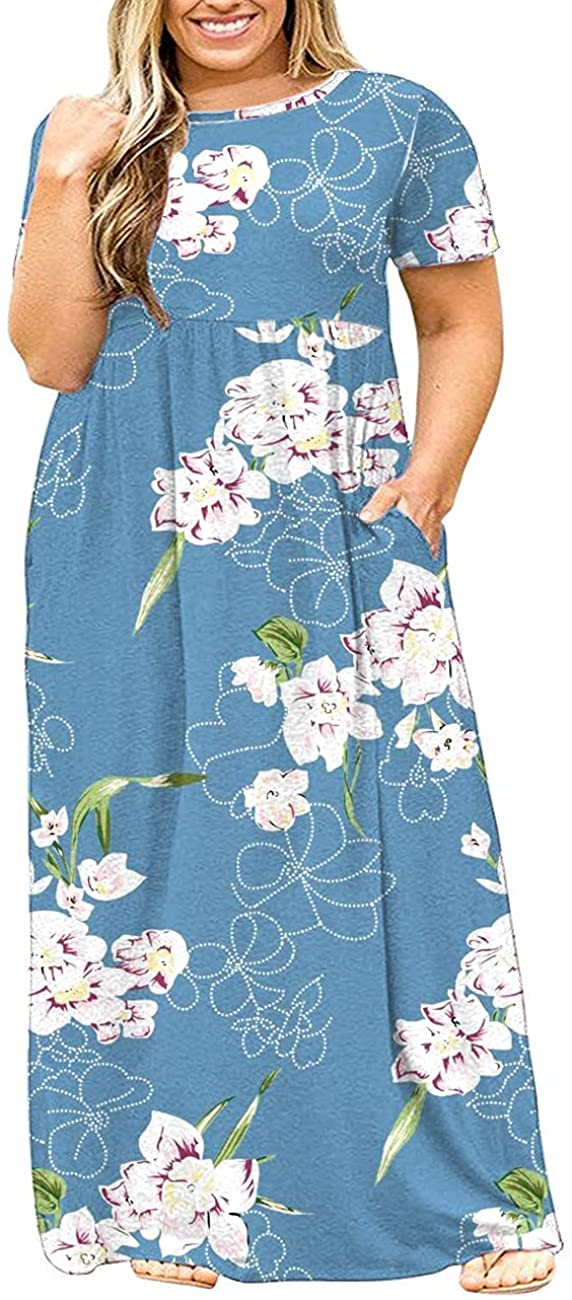 KARALIN Womens Plus Size Short Sleeve Loose Plain Casual Long Maxi Dresses with Pockets