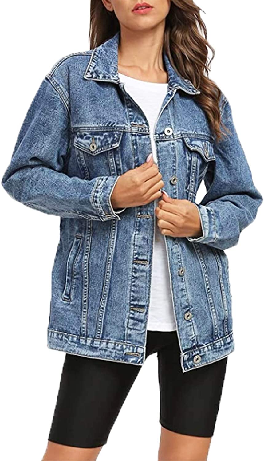 Cantonwalker Loose Women's Denim Jean Jacket,Oversize Vintage denim jacket,Long