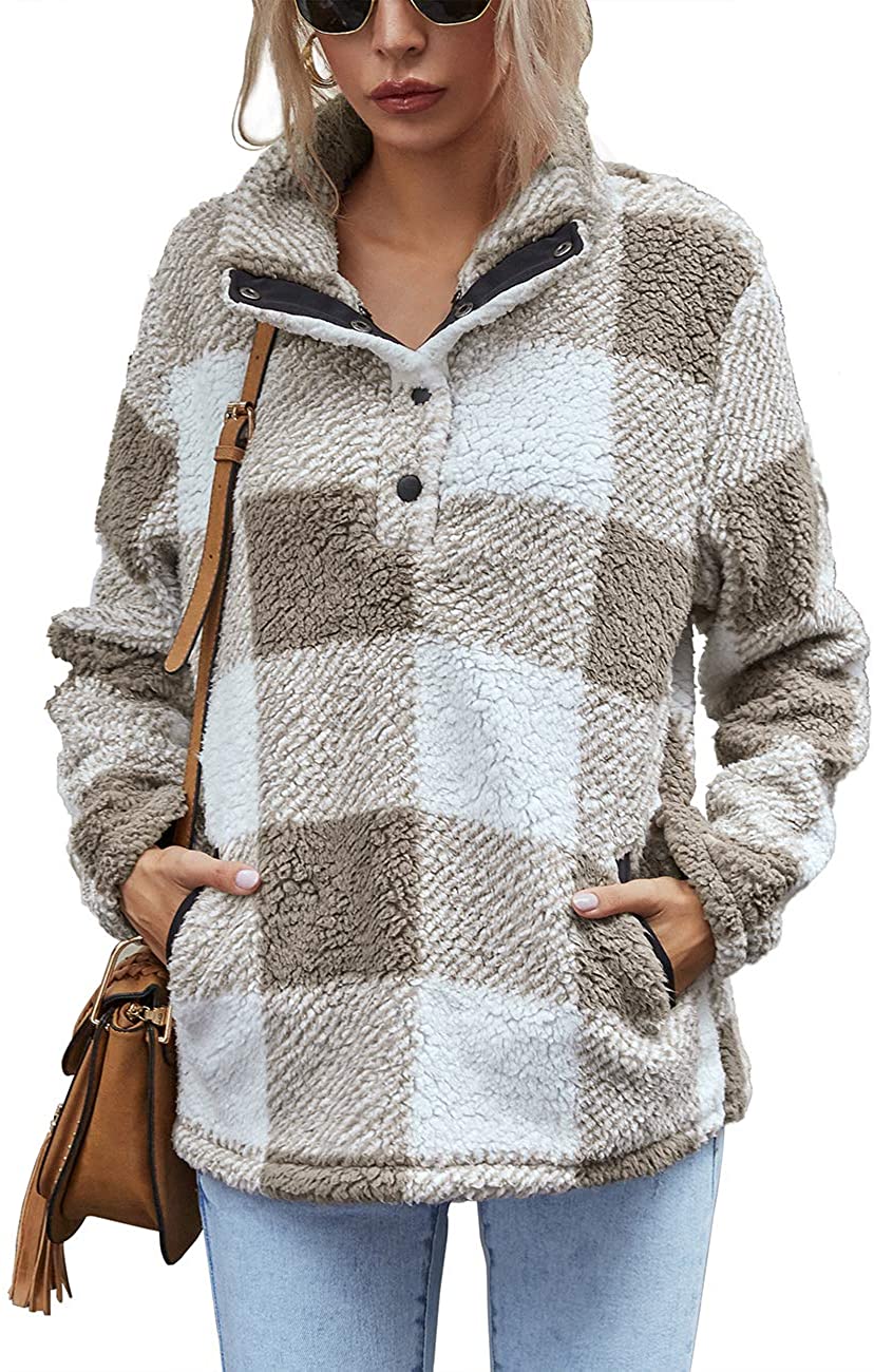 AKEWEI Women Faux Fleece Sweatshirt Fuzzy Button Pullover Coat with Pocket 
