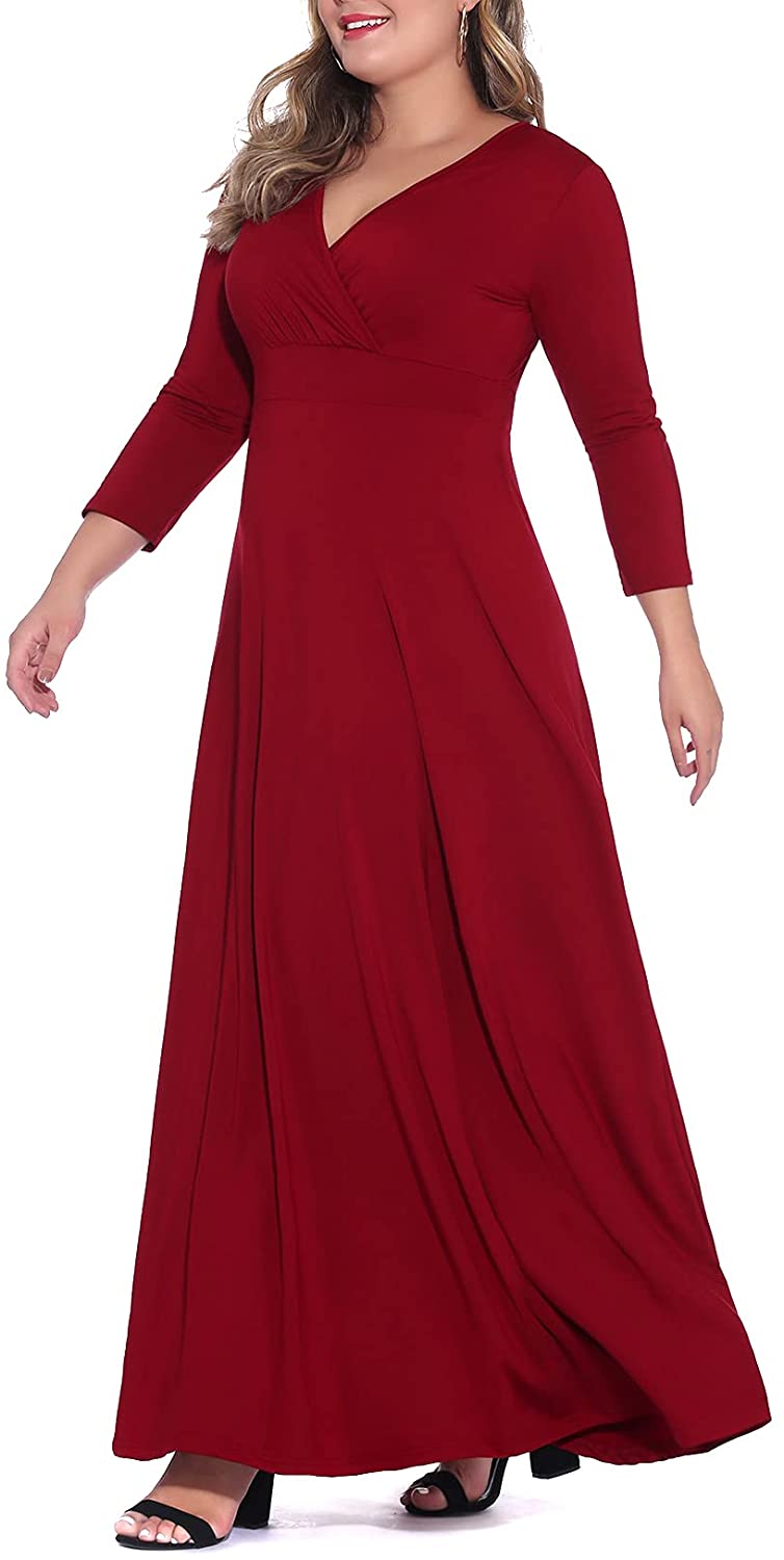 POSESHE Women's Solid V-Neck 3/4 Sleeve Plus Size Evening Party Maxi Dress  | eBay