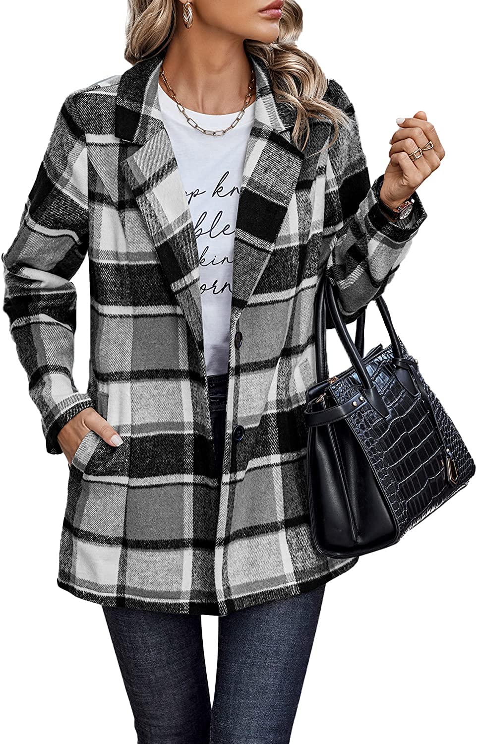 PRETTYGARDEN Women's 2024 Plaid Shacket Jacket Casual Button Wool Blend  Winter Tartan Trench Coat With Pockets