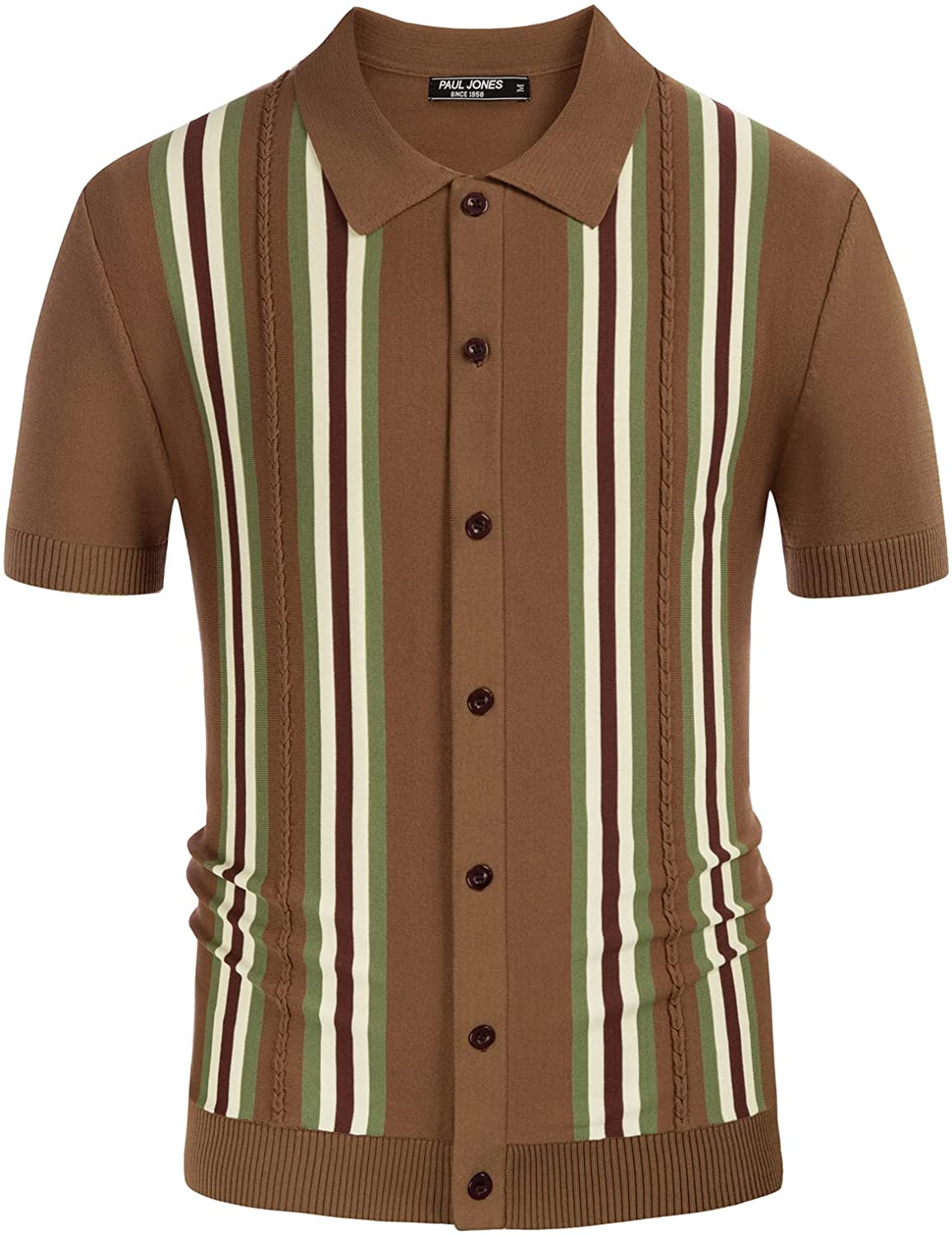Mens Vintage Striped Knit Polo Shirt Long and Short Sleeve Button
