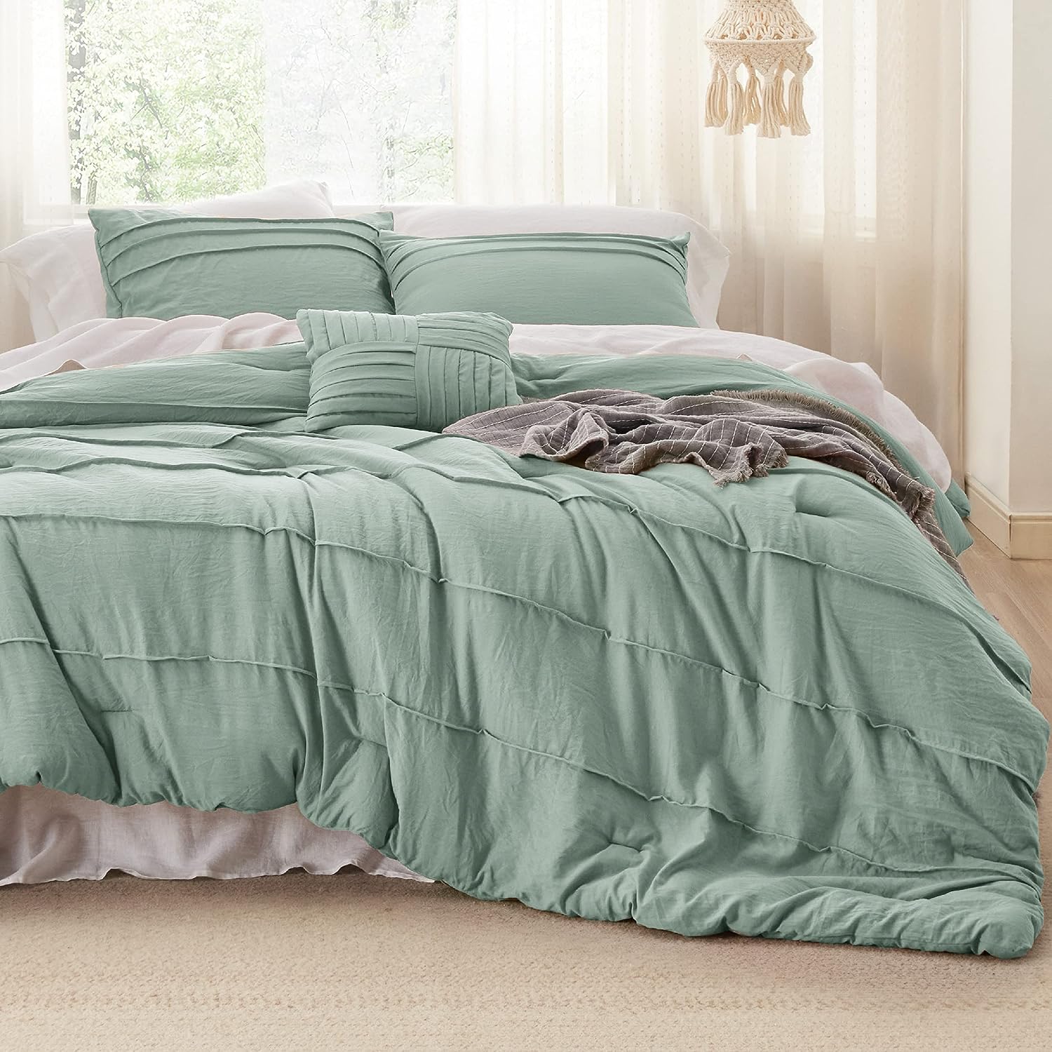 Bedsure 8 Piece Solid Grey Pinch Pleat Comforter Set Down