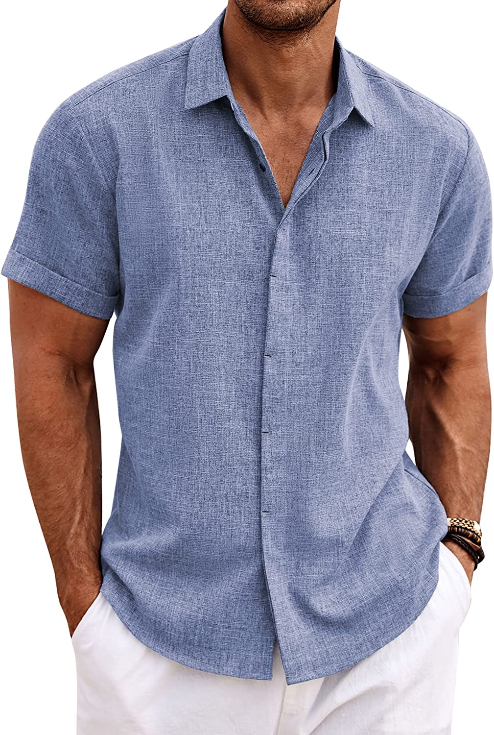 COOFANDY Men's Linen Shirts Short Sleeve Casual Shirts Button Down