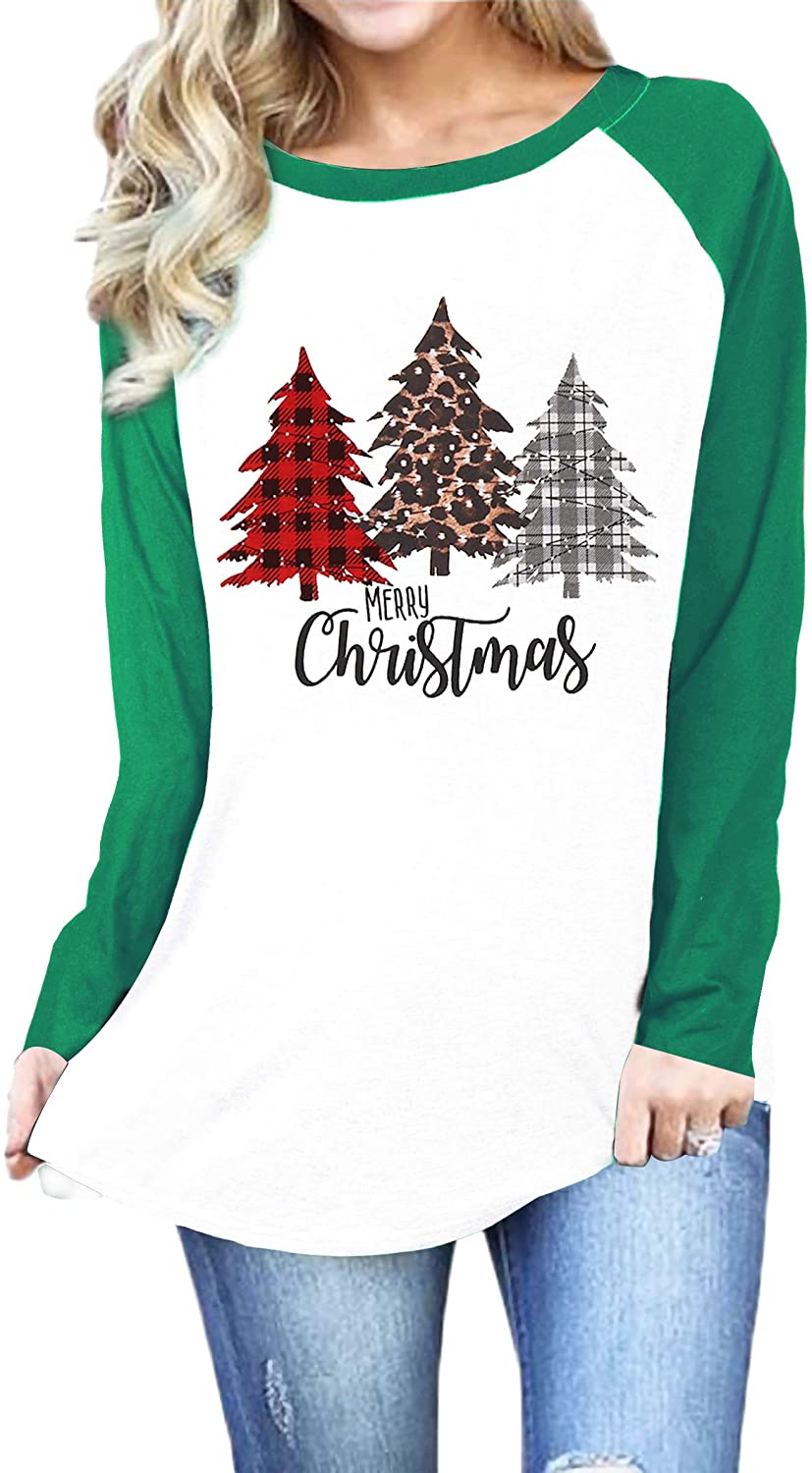 MNLYBABY Merry Christmas Plaid Leopard Tree Print Raglan T-Shirt for Women Long Sleeve Splicing Tops Tees Shirts