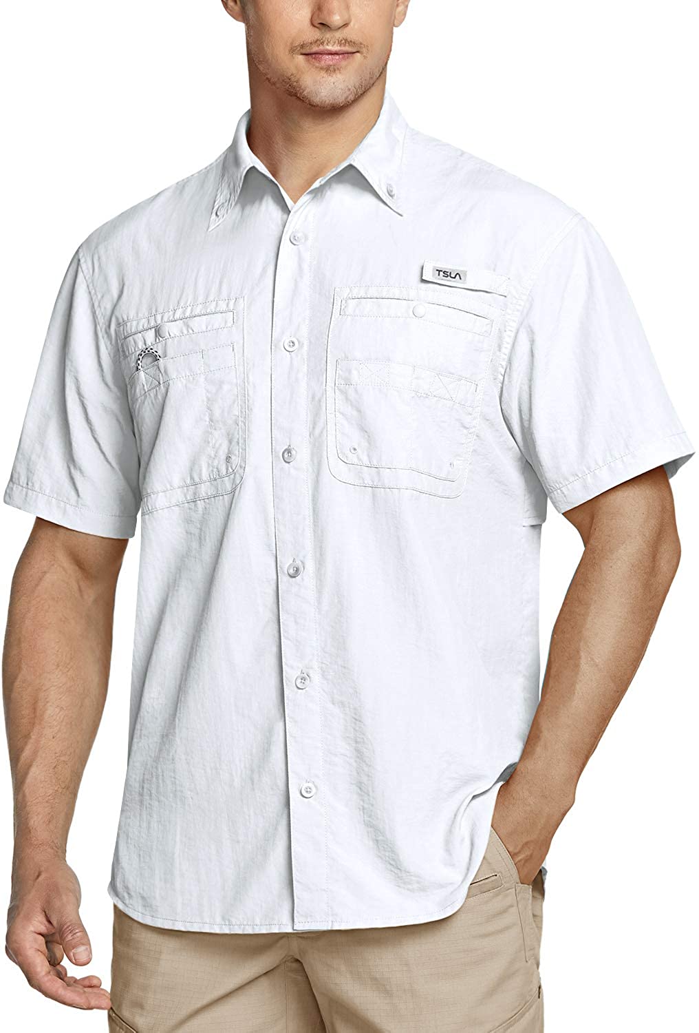 TSLA Men's Performance Fishing Shirt, UPF 50+ Breathable Button Down Shirts, Outdoor Recreation Short Sleeve Shirt