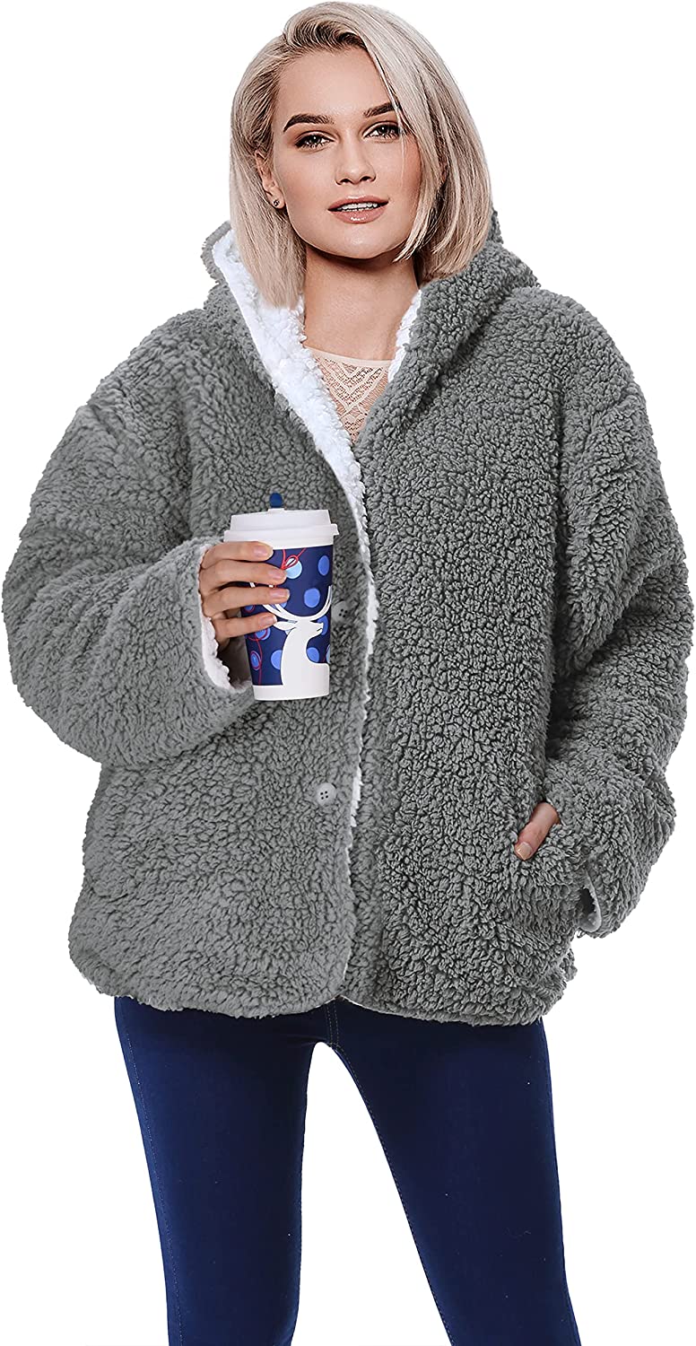 Women's Casual Fuzzy Coat Jacket, Soft Cozy Sherpa Cropped Jacket Fluffy  Hooded