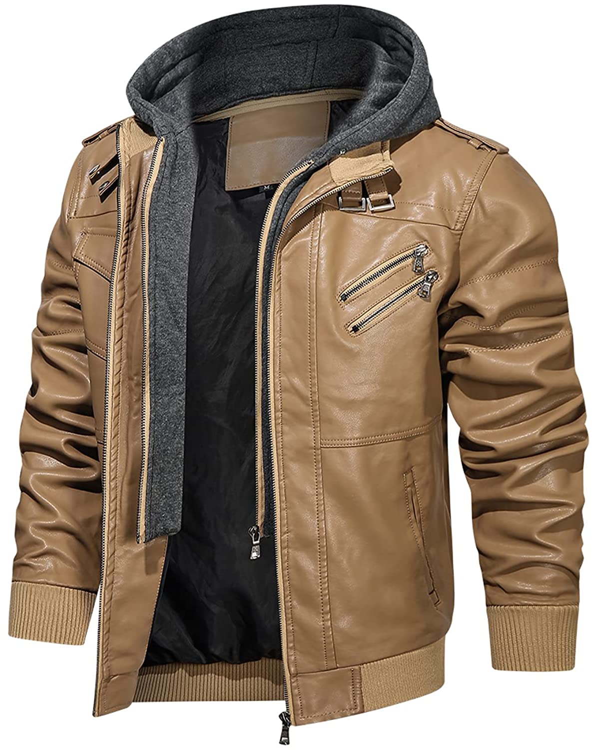 Hood Crew Men’s Casual Stand Collar PU Faux Leather Zip-Up Motorcycle  Bomber Jac