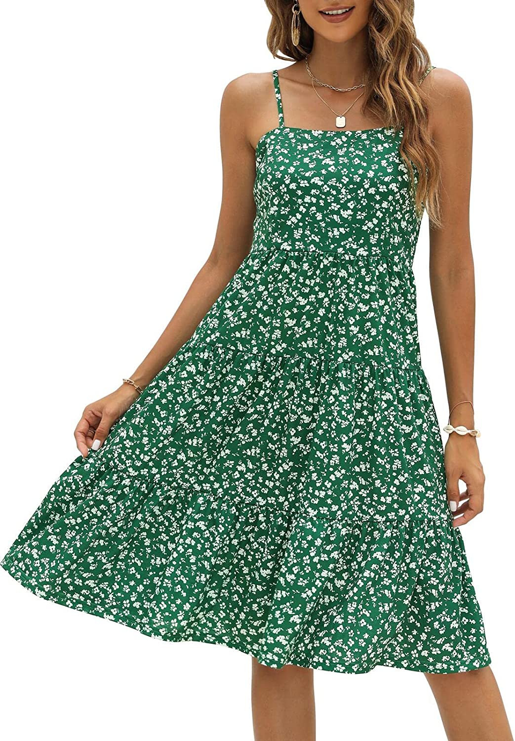 Berydress Women's Summer Dress Spaghetti Strap Tiered Midi Dress