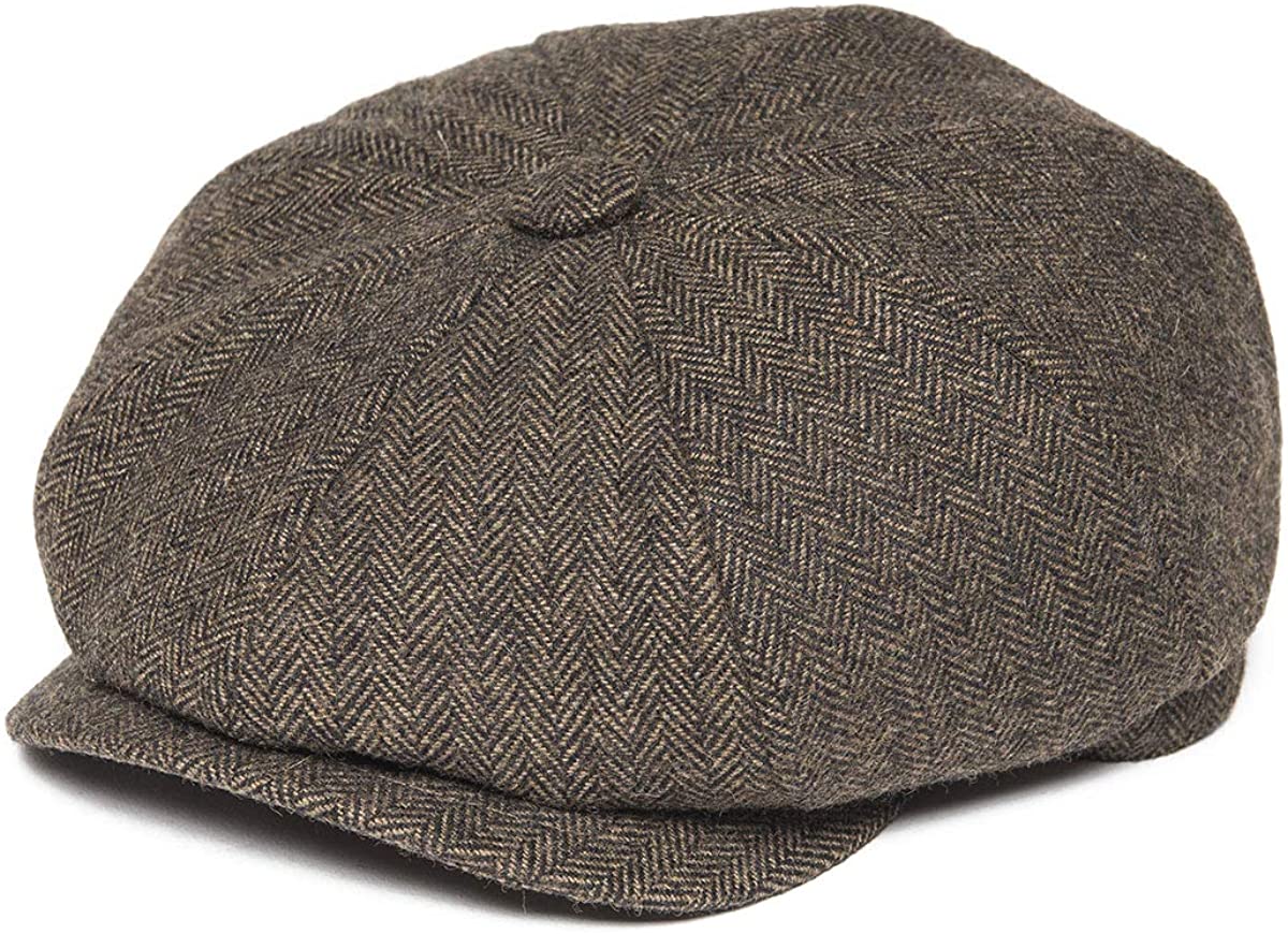 BOTVELA Men's 8 Panel Wool Blend Newsboy Flat Cap Herringbone Tweed Hat