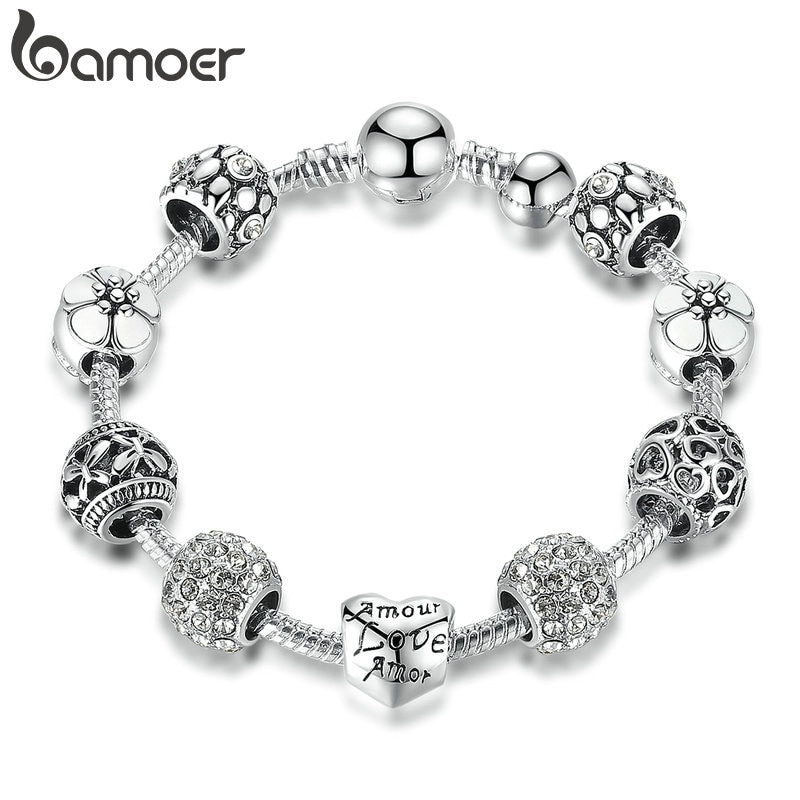 BAMOER Silver Plated Charm Bracelet & Bangle with Love and Flower Beads Women Wedding Jewelry 4 Colors 18CM 20CM 21CM PA1455-4