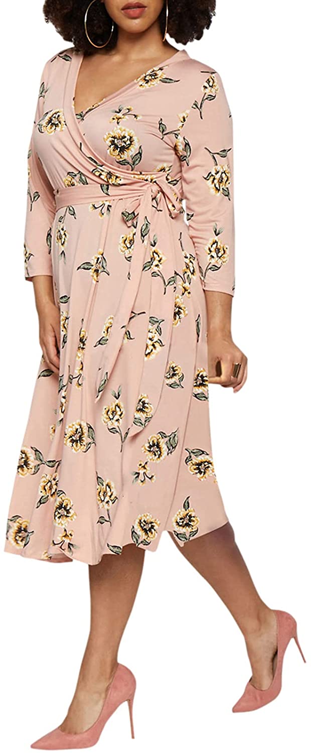 Pink Queen Women's Plus Size 3/4 Sleeve Faux Wrap Floral Dress with Belt
