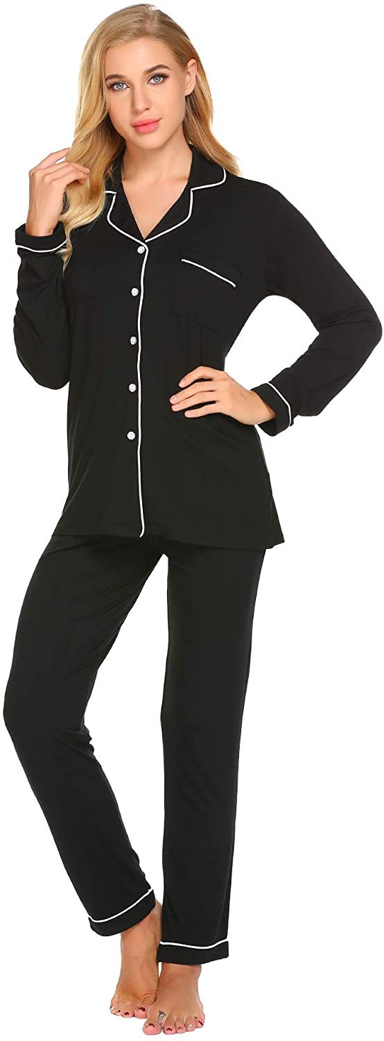 Ekouaer Pajamas Set Womens Long Sleeve Button Down Shirt Sleepwear 2 ...
