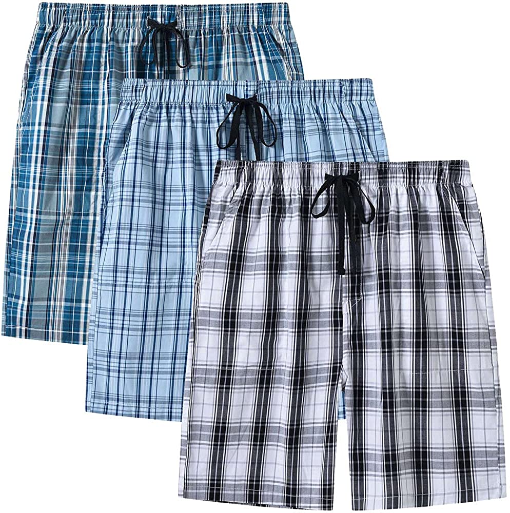 MoFiz Men's 3-Pack Woven Pajama Shorts Cotton Plaid Sleep Lounge Shorts  with Button Fly