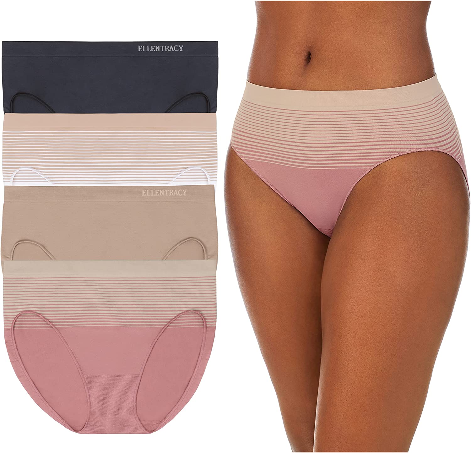 ELLEN TRACY Womens High Cut Brief Panties Breathable Seamless Underwear  4-Pack Multipack