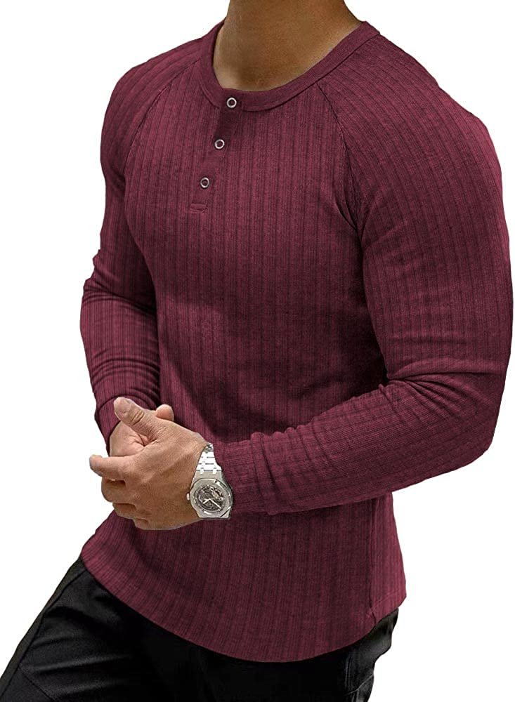 Muscle Cmdr Men's Ribbed Henley Shirt Slim Fit Muscle Shirt Fitted Cotton  Short&Long Sleeve Casual T-Shirt
