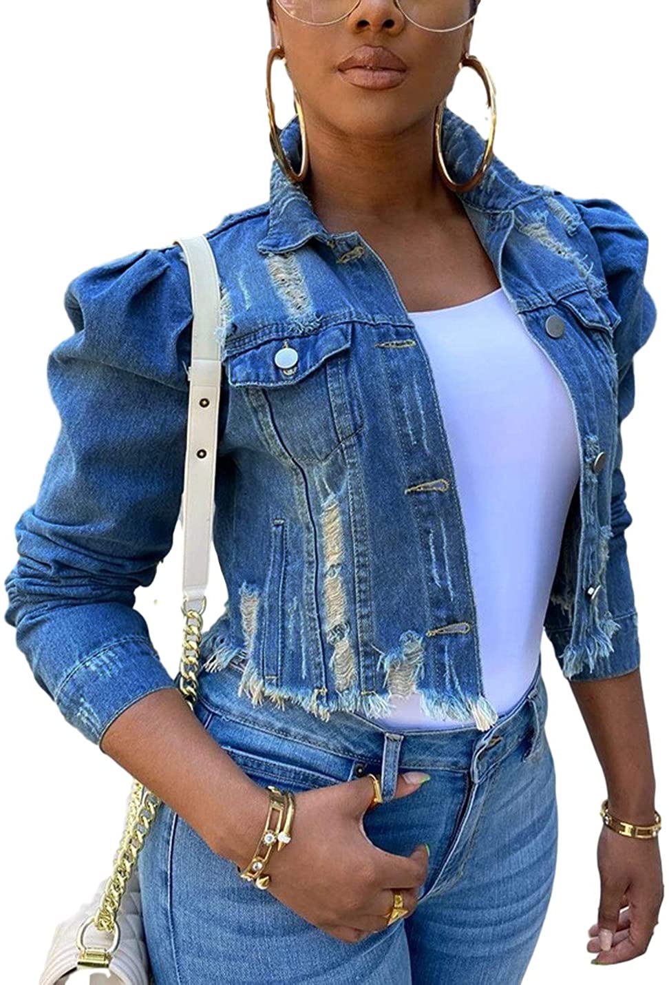 Omoone Women's Ripped Puff Sleeve Denim Crop Top Long-Sleeve Cropped Jean Jacket