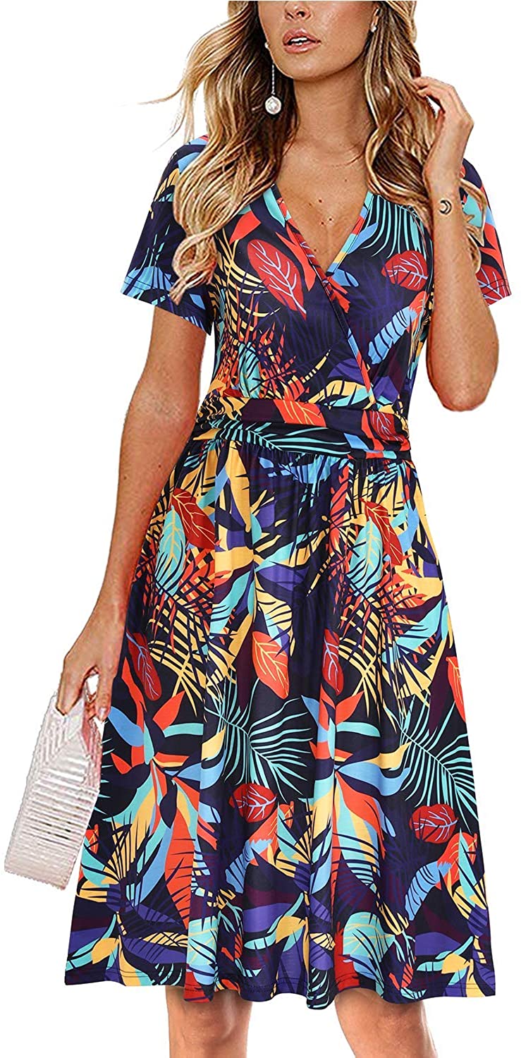 OUGES Women's Summer Short Sleeve V-Neck Floral Casual Ladies Dress with Pockets 