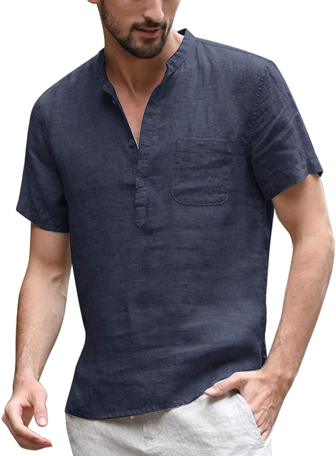 Coofandy Men S Cotton Linen Henley Shirt Short Sleeve Hippie Casual