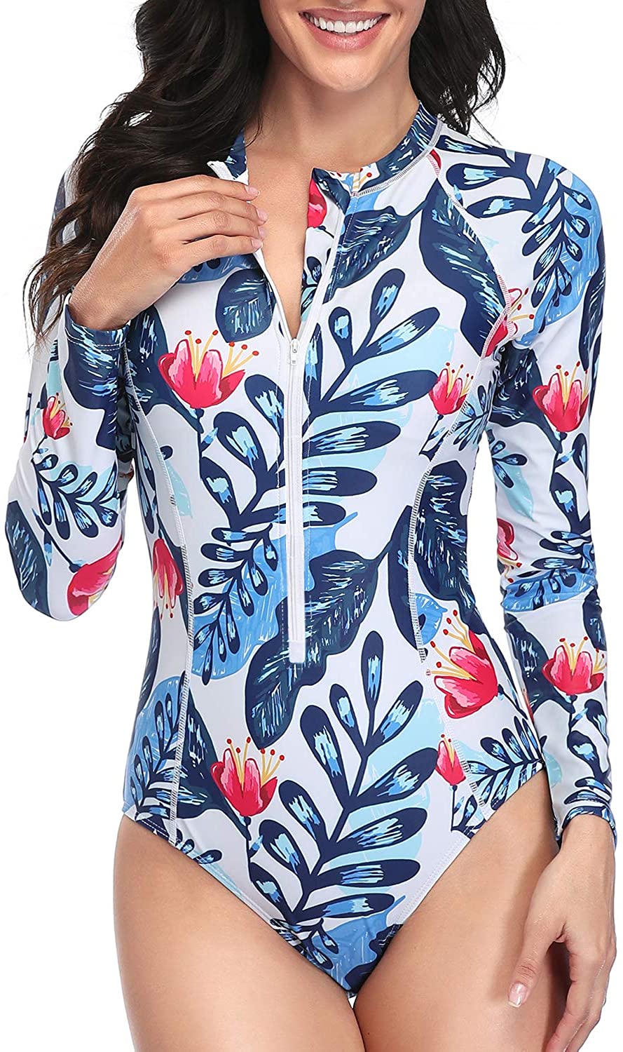 UOOZEE Women Long Sleeve Rash Guard Floral Print Split Wetsuit Swimsuit Swimwear