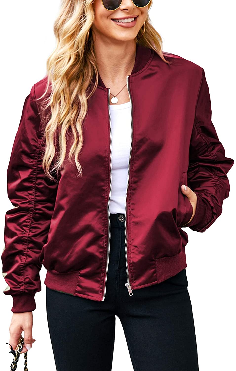 ACEVOG Women Fashion Satin Bomber Jacket Zip Up Casual Jacket Coat with  Pocket Outfit : : Clothing, Shoes & Accessories