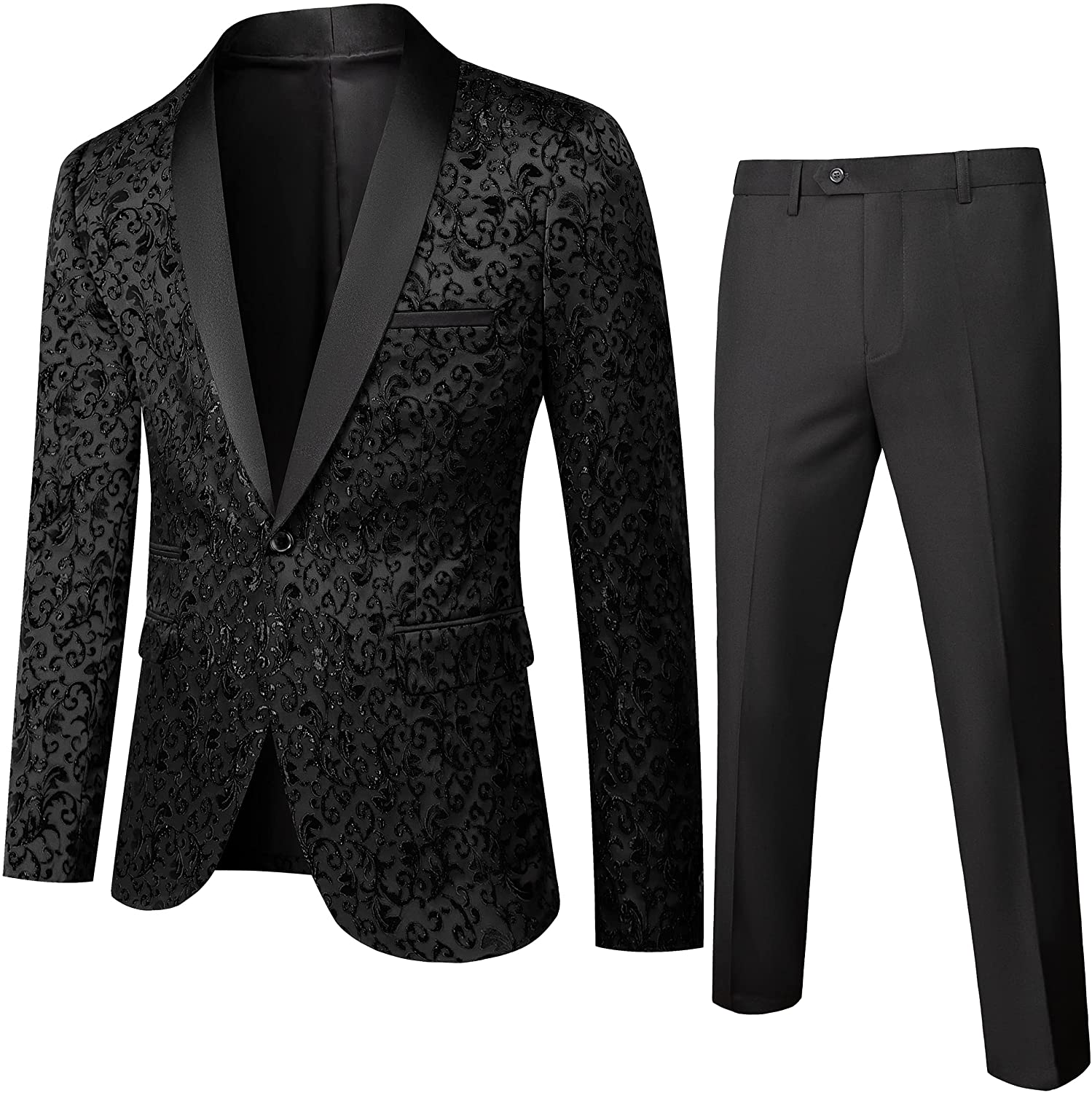 Pre-owned Uninukoo Men's Slim Fit 2 Piece Suit Floral Print Shawl Lapel Groom Wedding Tuxedo Set In Black