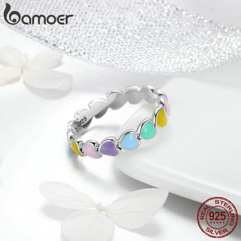 BAMOER Authentic 925 Sterling Silver Stackable Rainbow Heart Finger Rings for Women Wedding Engagement Ring Jewelry Anel SCR444-3