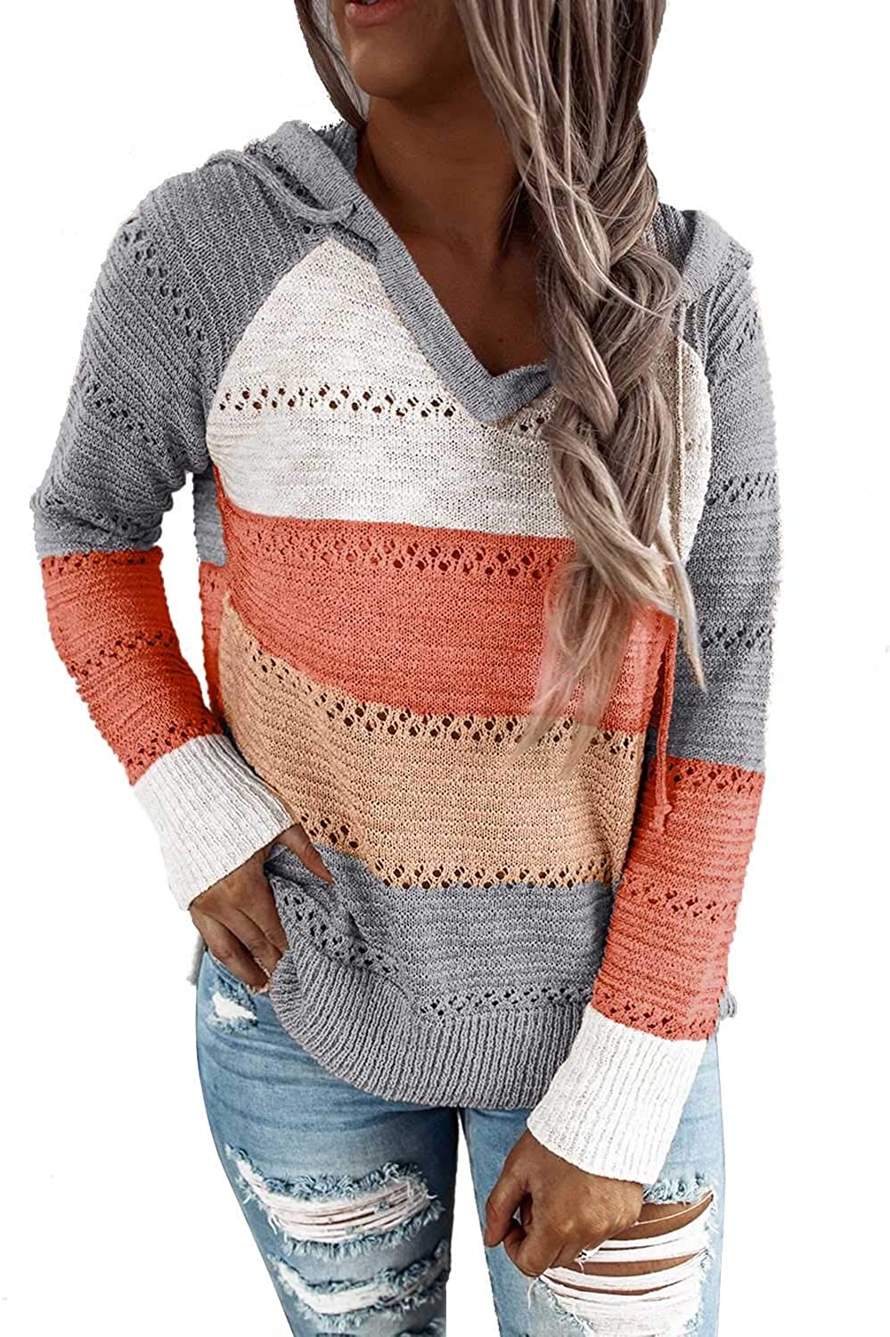 BLENCOT Women's Lightweight Color Block Hooded Sweaters Drawstring