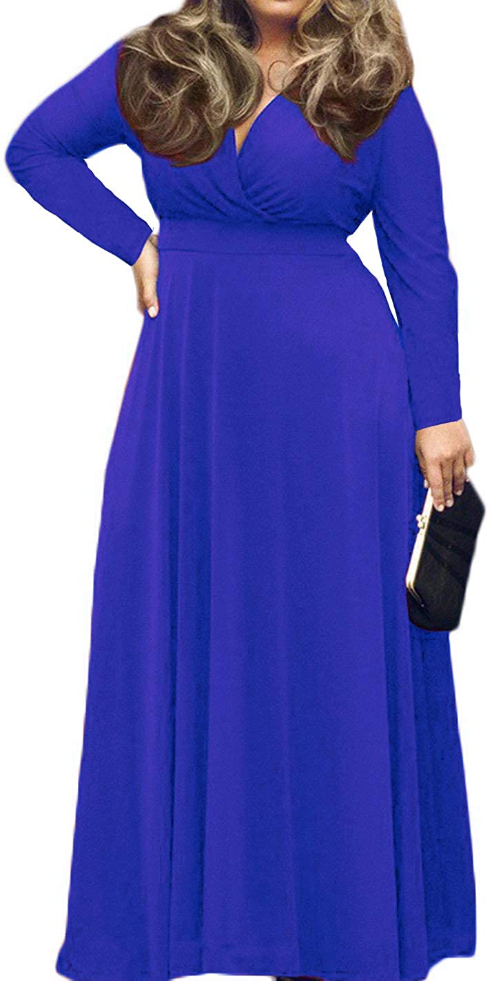 POSESHE Women's Solid V-Neck Long Sleeve Plus Size Evening Party Maxi Dress  | eBay