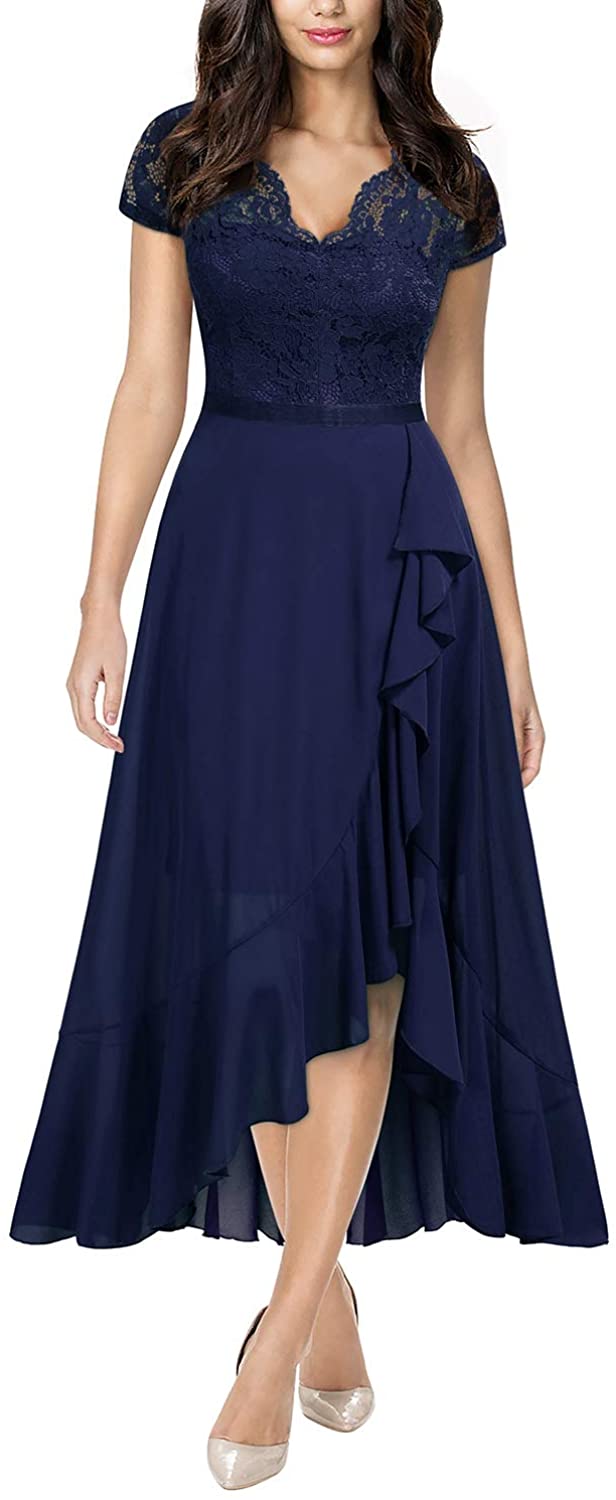 Miusol Women's V Neck Elegant Lace Ruffle Bridesmaid Maxi Dress