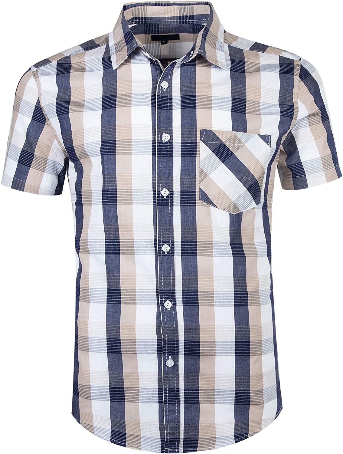 Men Plaid Cotton Casual Short Sleeve Button Down Dress Shirts Beige 