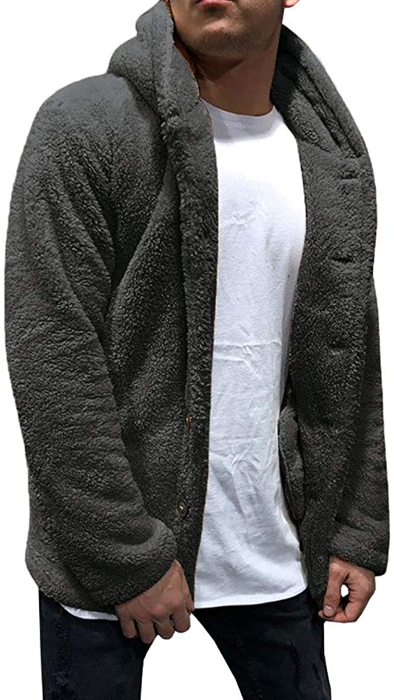 Nicetage Mens Fuzzy Sherpa Fleece Hoodie Lightweight Jacket Open Front Cardigans Coat with Pockets No Zipper 